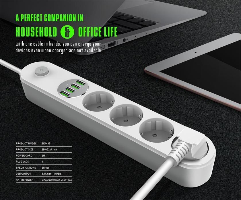 Сетевой фильтр удлинитель с USB выходами 4x220V и 4xUSB длина 2 м. LDNIO
