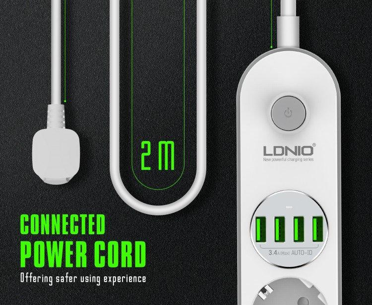 Сетевой фильтр удлинитель с USB выходами 4x220V и 4xUSB длина 2 м. LDNIO