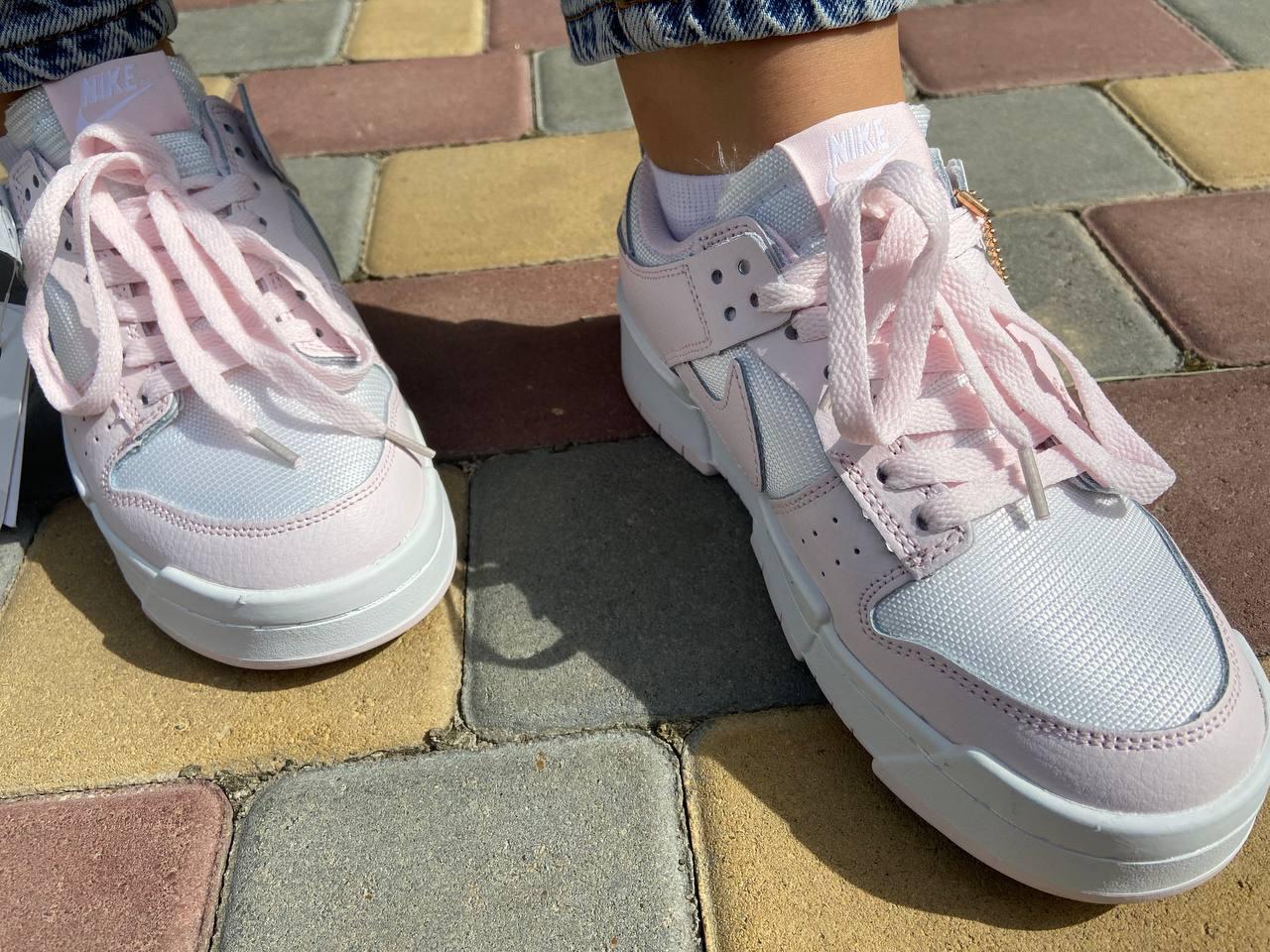 Женские кроссовки NIKE DUNK , натуральная кожа , белые с розовыми вставками