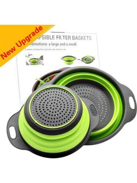Дуршлаг силиконовый складной 2 шт в комплекте (большой + маленький) Collapsible filter baskets, зеленый