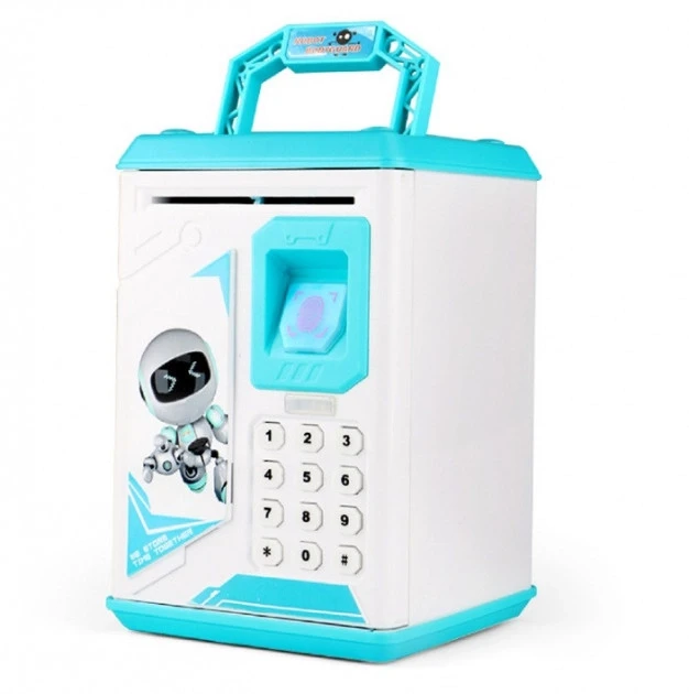 Robot Bodyguard Kids' Safe Piggy Bank with Fingerprint Scanner, Musical, Blue