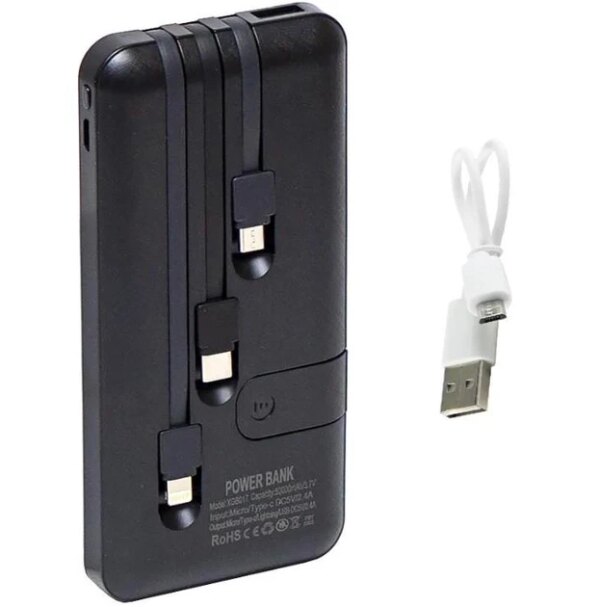 Павербанк 50000 mAh встроенные кабели USB, micro USB, Type-C, Lightning с Подставкой для телефона, Портативна