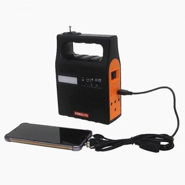 Портативная солнечная станция YOBOLIFE 3601-LM-6V функция Power Bank, мощный фонарь, FM радио, MP3 + 2 лампы