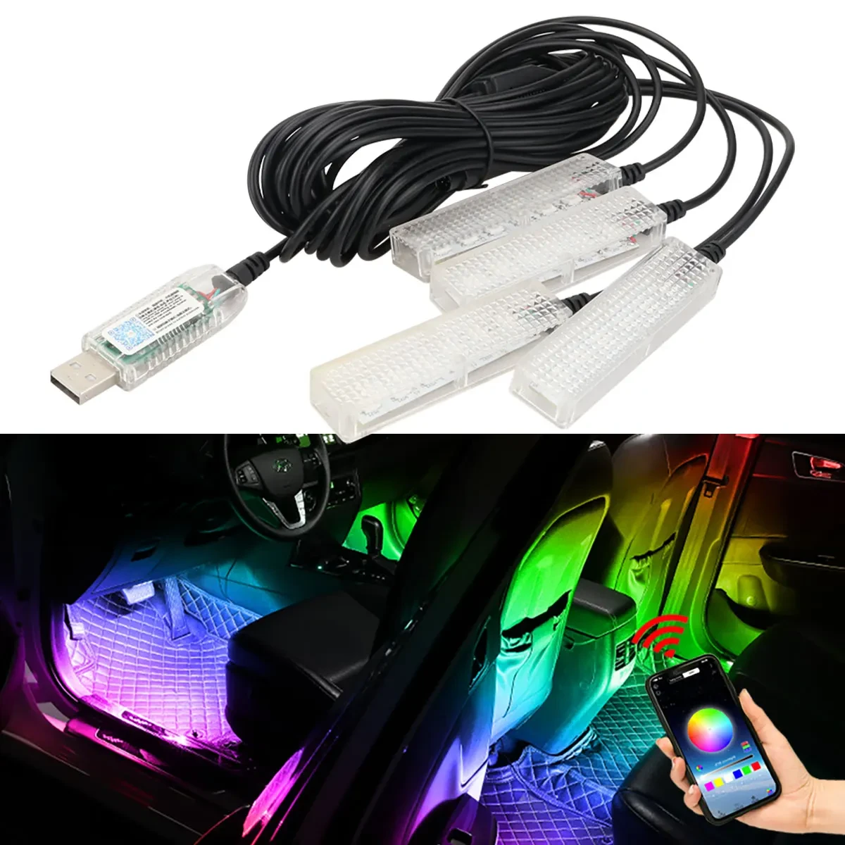 Автомобильная RGB подсветка салона с поддержкой приложения 4 шт USB