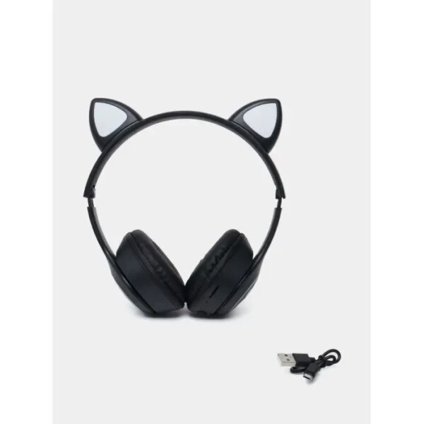 Беспроводные наушники с кошачьими ушками и RGB подсветкой FM радио, micro SD Cat MZ-023 Чёрные