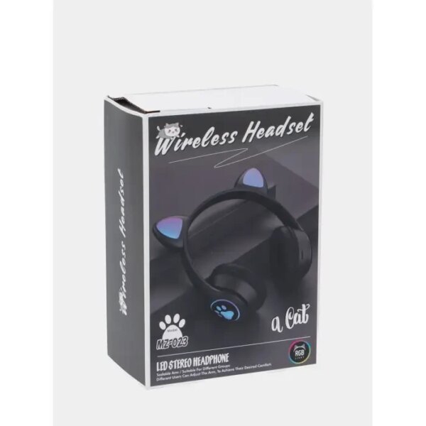 Беспроводные наушники с кошачьими ушками и RGB подсветкой FM радио, micro SD Cat MZ-023 Чёрные