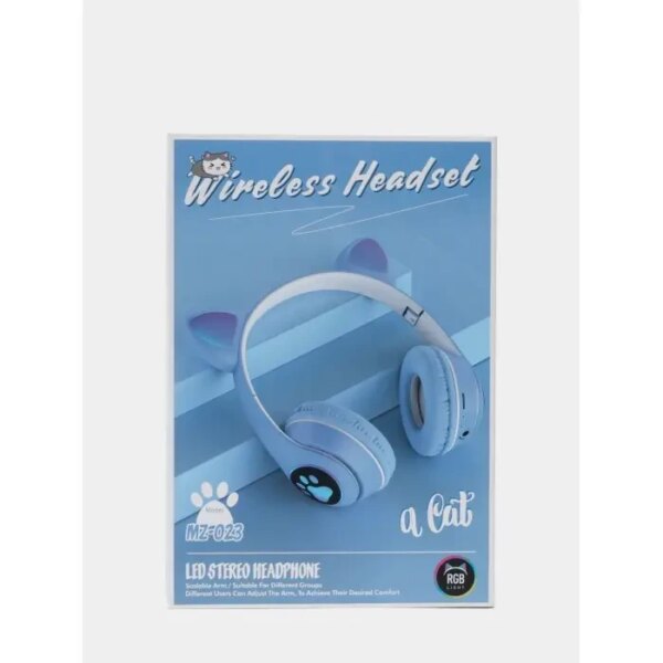 Наушники с кошачьими ушками беспроводные и RGB подсветкой FM радио, micro SD Cat MZ-023 Синие