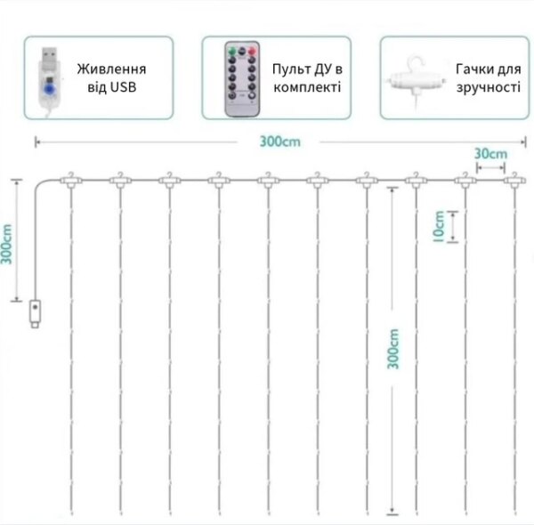 Гирлянда Штора С Пультом 3х3 Метра LED USB Новогодняя 8 Режимов Настраиваемая Яркость