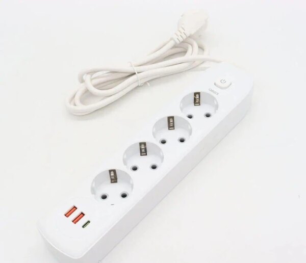 Удлинитель на 4 розетки +2USB,Type-c, 2м, Q603 Белый / Сетевой удлинитель / Переноска розетка / Сетевой фильтр