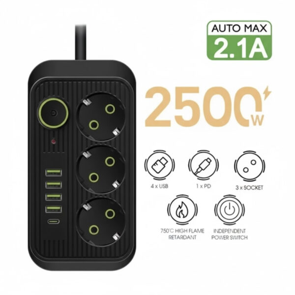 Сетевой фильтр питания UA Power Socket F09U на 6 метров 3 розетки +4USB +Type-C Port , сетевой удлинитель
