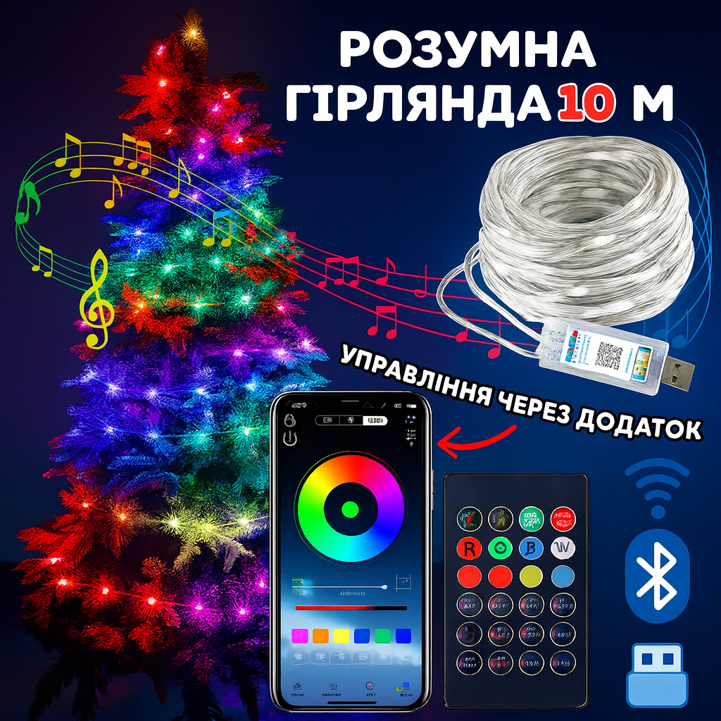 Світлодіодна RGB 10м гірлянда на ялинку або для новорічного декору в дім чи на вулицю водонепроникна IP65 з керуванням SMART