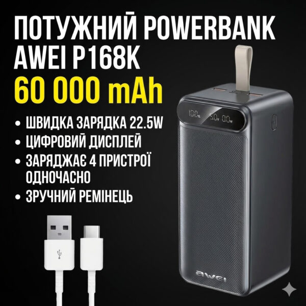 Мощный ПовербанкW  Awei 100000 mAh 22.5W с большим фонарем. Внешний аккумулятор Power Bank быстрая зарядка для телефона и планшета