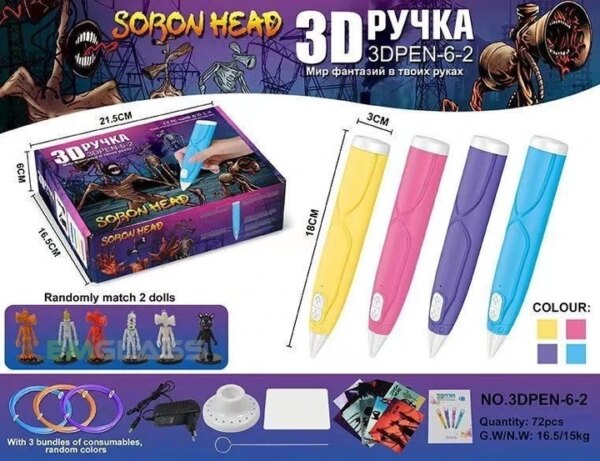 Детская 3D Ручка для рисования с эко пластиком 3Д 3D-6-2 набор с трафаретами Сиреноголовый Розовый