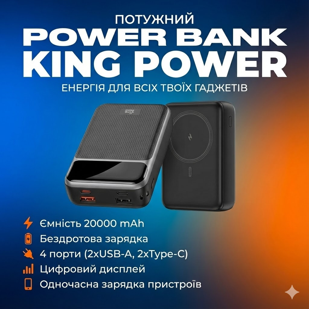 Повербанк (Power Bank) KingPower WPG-207 магнітний (MagSafe) 20000 мАг, швидка зарядка 22,5 Вт, бездротова 15 Вт, чорний