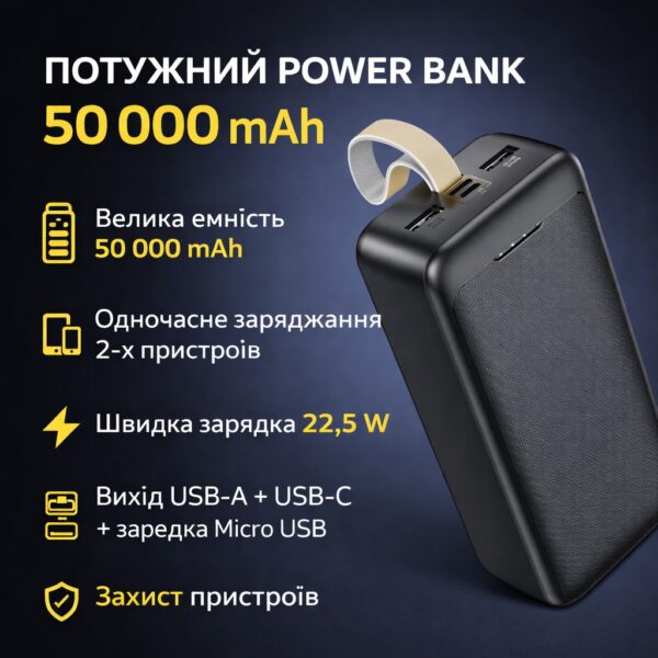Повербанк Awei J111B 50000 mAh, 22.5W - портативный внешний аккумулятор с быстрой зарядкой, 3 выхода, Li-Pol, черный