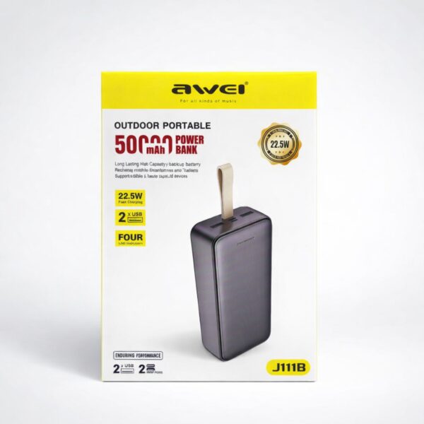 Повербанк Awei J111B 50000 mAh, 22.5W - портативный внешний аккумулятор с быстрой зарядкой, 3 выхода, Li-Pol, черный