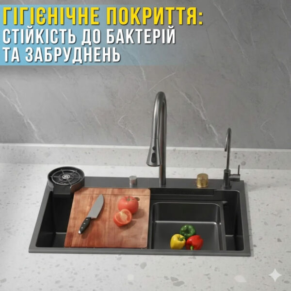 Кухонная мойка из нержавеющей стали 75×46 см с выдвижным смесителем и 3 режимами подачи воды “Водопад” RK