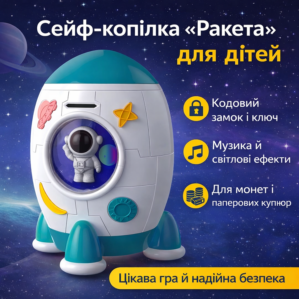 Сейф-копилка Ракета с звуковыми и световыми эффектами 852A Музыкальная копилка с уникальным дизайном