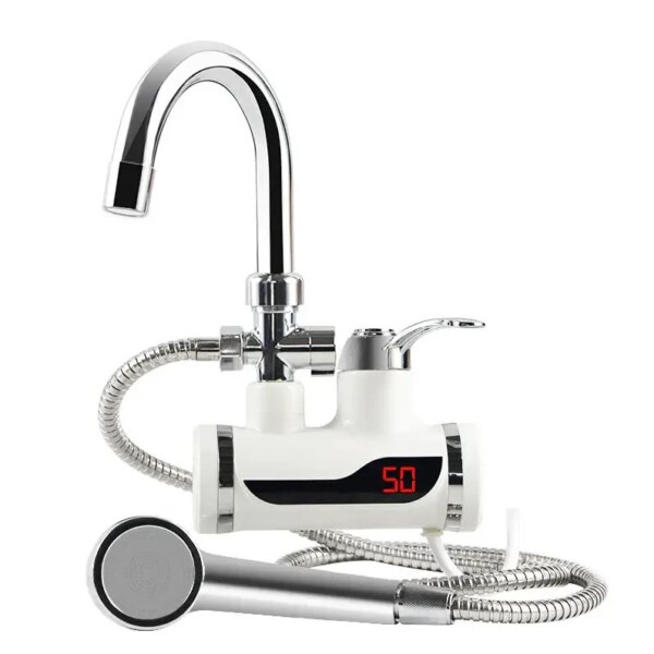 Мини бойлер + душ Water Heater MP 5208, проточный электрический водонагреватель 3000 Вт с LCD-дисплеем, боковое подключение, шланг