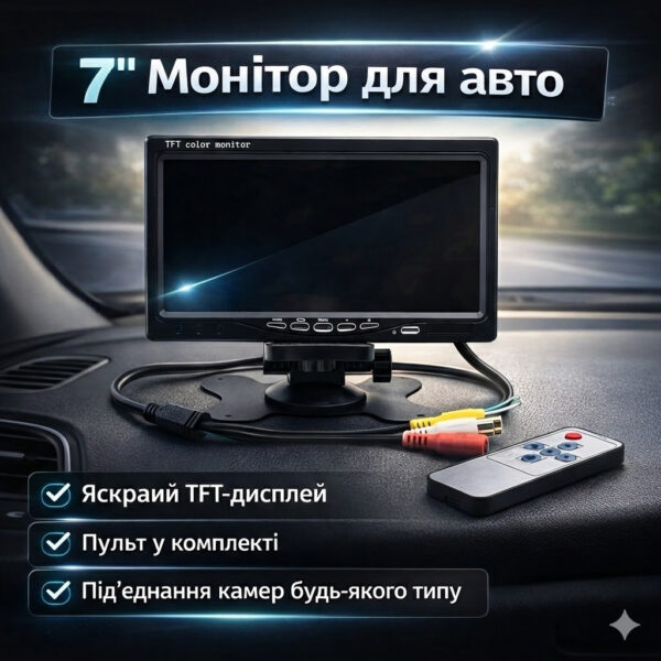 Автомобильный ЖК-монитор 7" для камер заднего вида с двумя видеовходами RCA и пультом ДУ