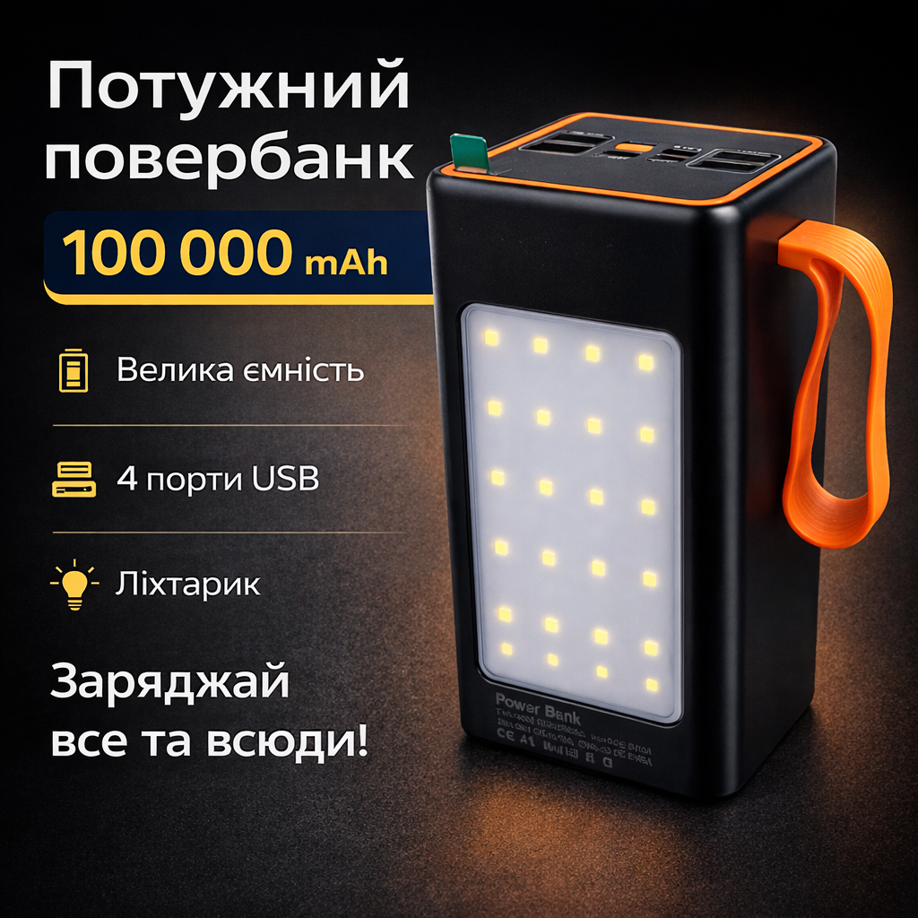 Павербанк MAXI 100 000 мАг з дисплеєм, 4×USB, Type-C, MicroUSB + фонарик