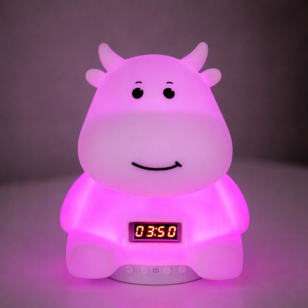 Детский аккумуляторный ночник “Коровка” с мягким LED-светом, RGB-подсветкой, встроенной Bluetooth-колонкой и электронными часами