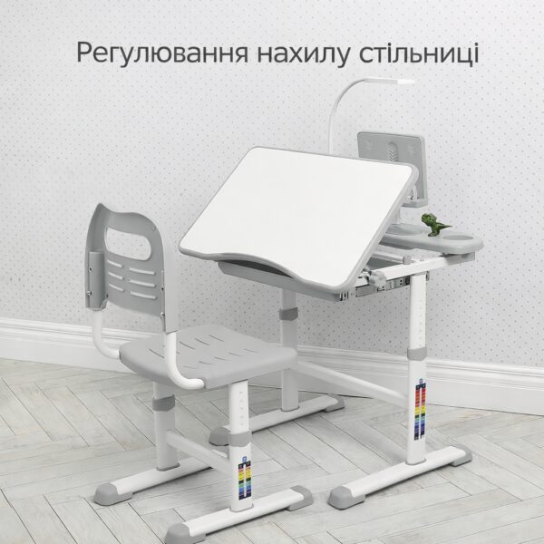 Детская металлопластиковая парта-растишка со стульчиком с регулировкой высоты и лампой Bambi M 4428-11 Серый