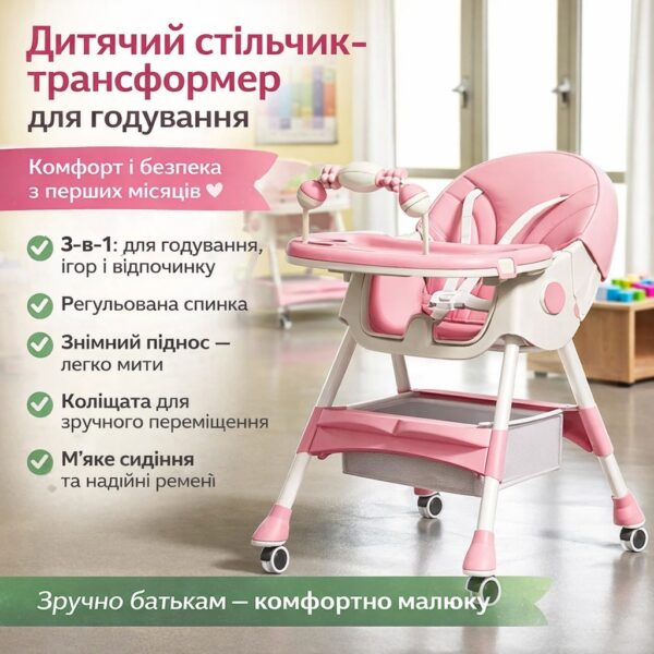 Детский стульчик-трансформер F005 для кормления, игровой и обеденный, 3-в-1, розовый