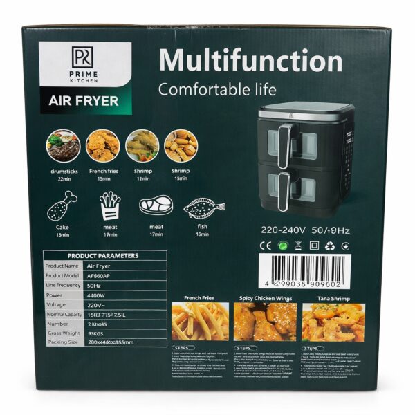 Аэрогриль двойной Prime Kitchen AF960AP, 15 л, 4400 Вт, с двумя независимыми камерами, цифровое управление