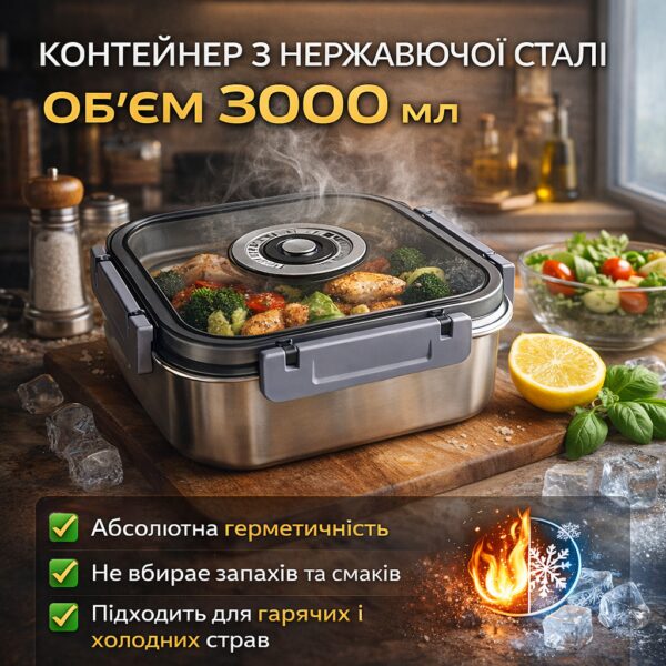 Контейнер пищевой из нержавеющей стали с герметичной крышкой 3000 мл 20687-15 A, серый