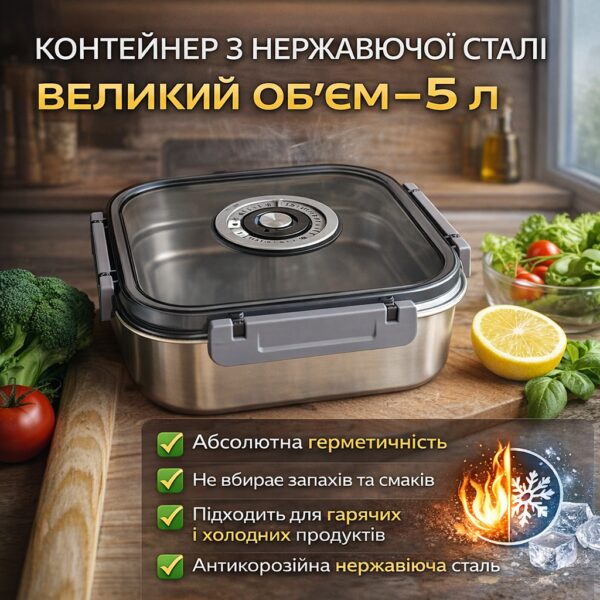 Контейнер для хранения еды 5000мл 20687-16 с крышкой / Пищевой контейнер из нержавеющей стали / Контейнер для продуктов