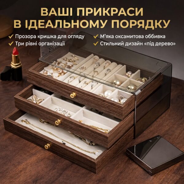 Шкатулка-органайзер для хранения украшений 3-ярусная "Дерево" с прозрачной крышкой и бархатной отделкой ND 293