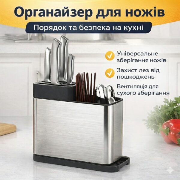 Подставка-органайзер для ножей, серая, настольная, с вентиляцией и съемным дном