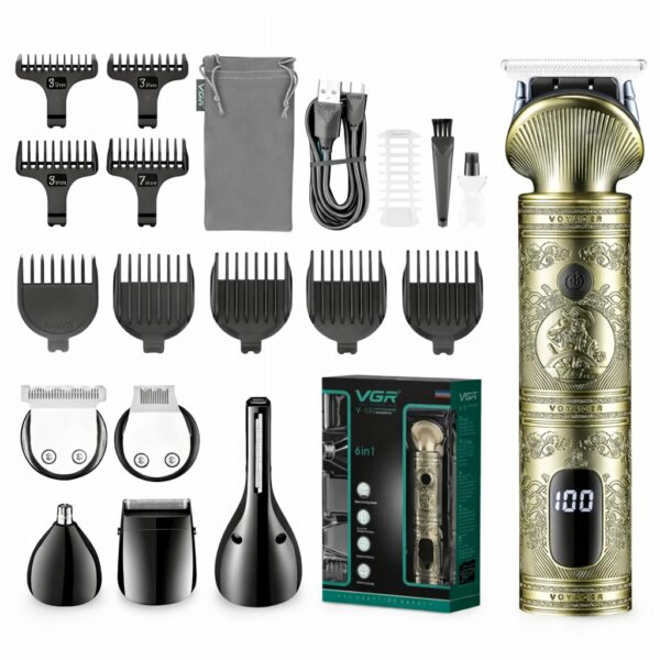 Аккумуляторная машинка для стрижки 6в1 с USB, VGR V-106 / Набор для стрижки волос и бороды / Мужской триммер