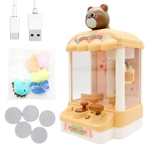 Игровой автомат с игрушками Мишка, аккумуляторный, USB-зарядка, 5 игрушек и 5 монет