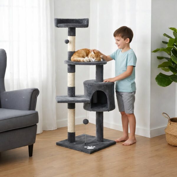 Игровой комплекс для кошек с домиком, 116х40х40 см / Когтеточка / Кошачий игровой центр / Комплекс-дряпалка