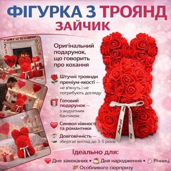 Подарочный "Зайчик" из декоративных роз и бантиком 17х17х25 см KR-21 Цветочный зайка из 3D роз