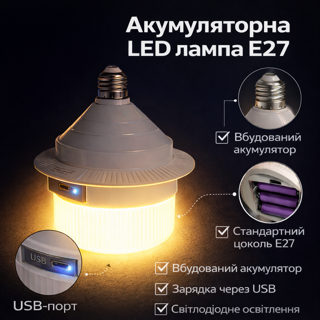 Лампочка акумуляторна LED 30W E27 з USB у патрон на 3 акумулятори 18650 LED Z-989