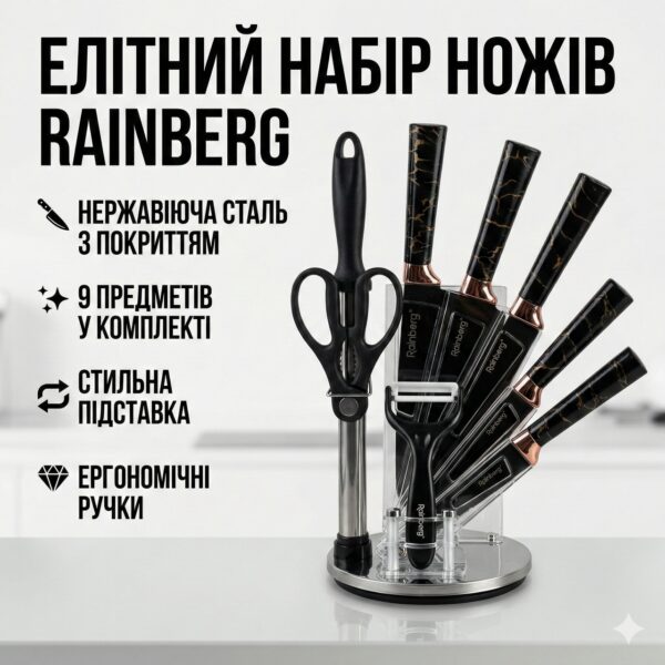 Кухонный набор ножей Rainberg RB-2323 чёрный с подставкой, нержавеющая сталь, 9 предметов,