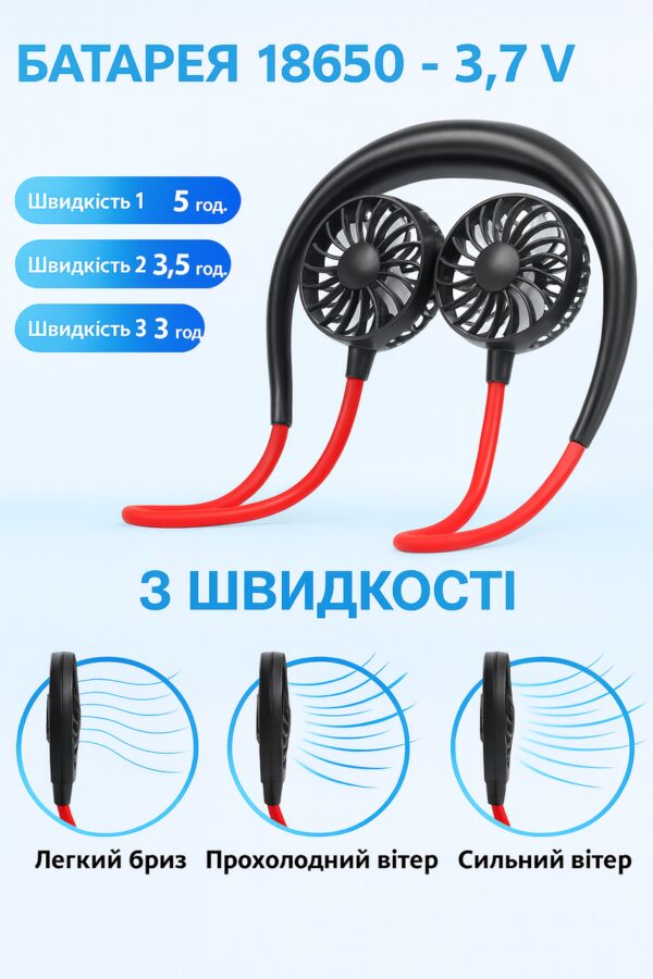 УЦЕНКА! Вентилятор на шею с подсветкой Fan 360° Чёрно Красный мини USB охладитель (Плохая упаковка 3278)