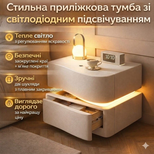 Прикрованная тумба из экокожи с LED-подсветкой и двумя выдвижными ящиками (света)