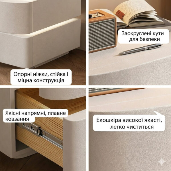 Прикрованная тумба из экокожи с LED-подсветкой и двумя выдвижными ящиками (света)