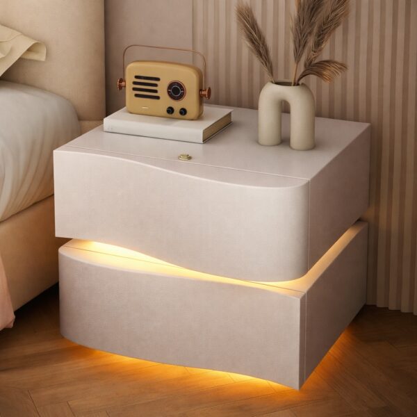 Прикрованная тумба из экокожи с LED-подсветкой и двумя выдвижными ящиками (света)