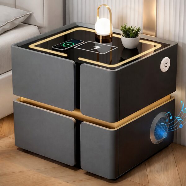 Умная прикроватная тумба SZXF01 с Bluetooth-колонкой, USB и сенсорной подсветкой, 2 выдвижных ящика, МДФ/экокожа, серая