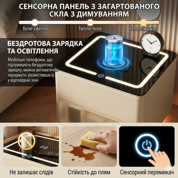 Умная прикроватная тумба XF01 со встроенным сейфом, беспроводной зарядкой и Bluetooth, белая экокожа / стекло