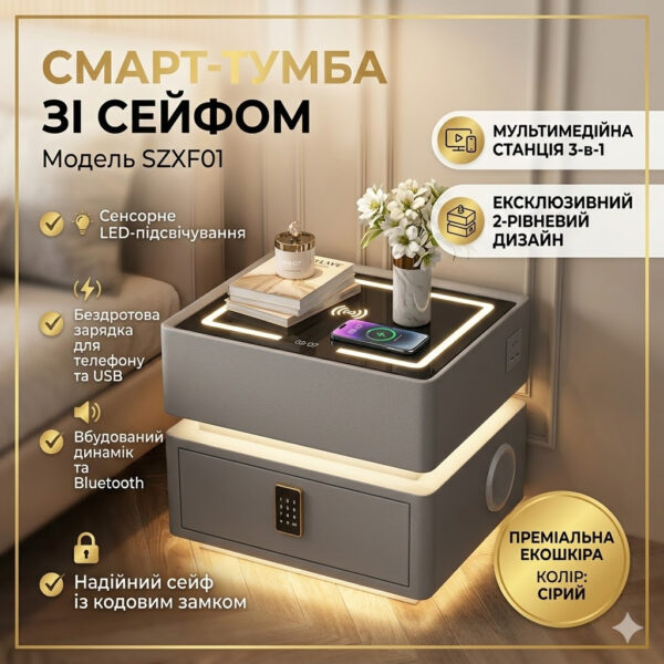 Смарт-тумба горющая YJXF01 Grey с сейфом, LED-подсветкой и USB портами (Серая экокожа / Закаленное стекло)