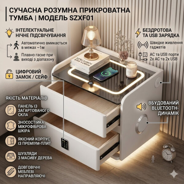 Умная расстраиваемая тумба YJXF01 White со встроенным сейфом, беспроводной зарядкой и Bluetooth-колонкой (Белая экокожа)