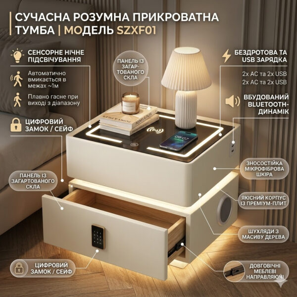 Умная расстраиваемая тумба YJXF01 White со встроенным сейфом, беспроводной зарядкой и Bluetooth-колонкой (Белая экокожа)