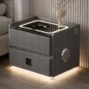 Смарт-тумба горющая YJXF01 Grey с сейфом, LED-подсветкой и USB портами (Серая экокожа / Закаленное стекло)
