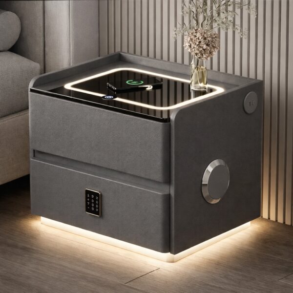 Смарт-тумба горющая YJXF01 Grey с сейфом, LED-подсветкой и USB портами (Серая экокожа / Закаленное стекло)
